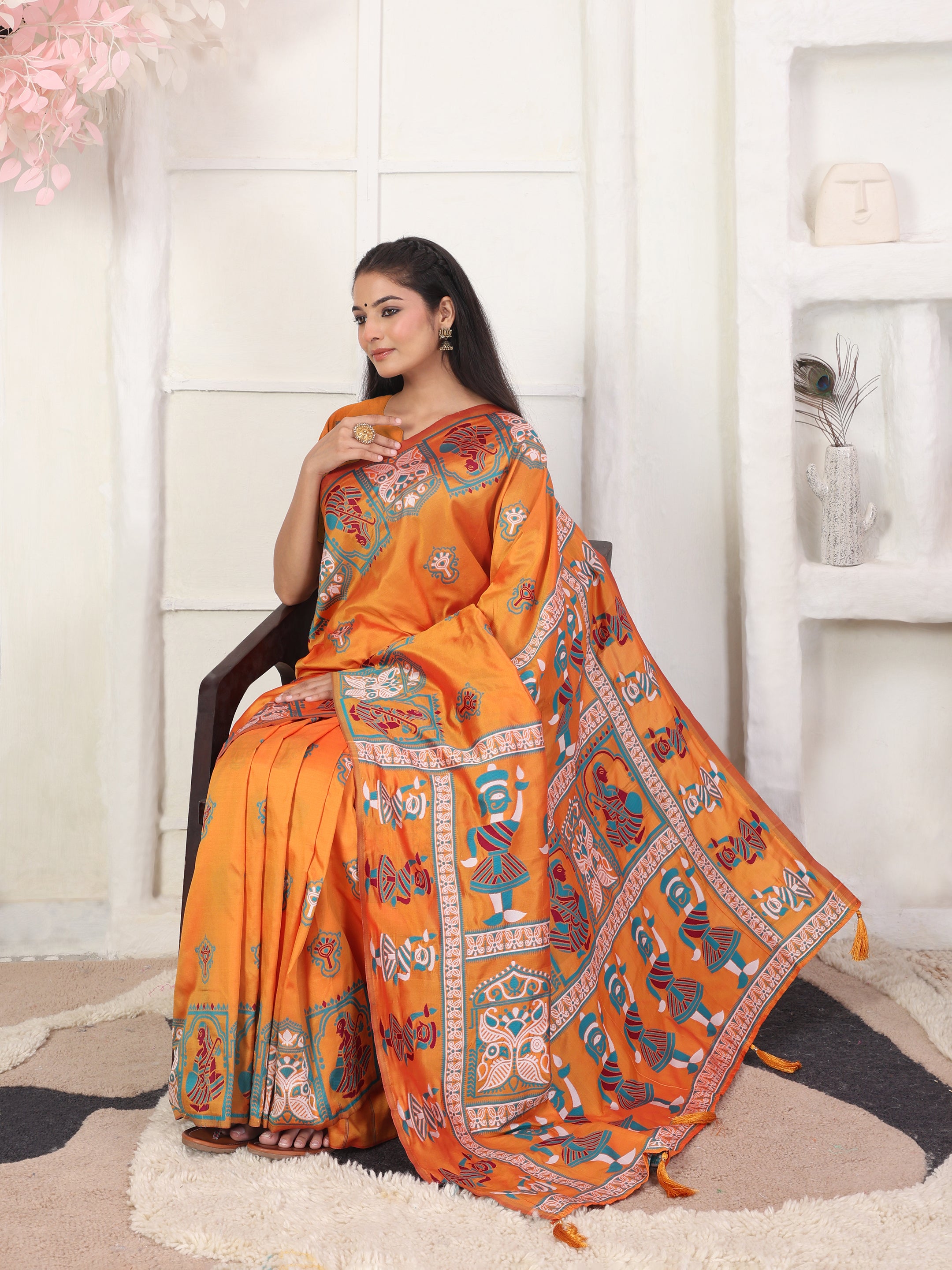 Nritya Katha Orange Silk Ready To Wear Pocket Saree