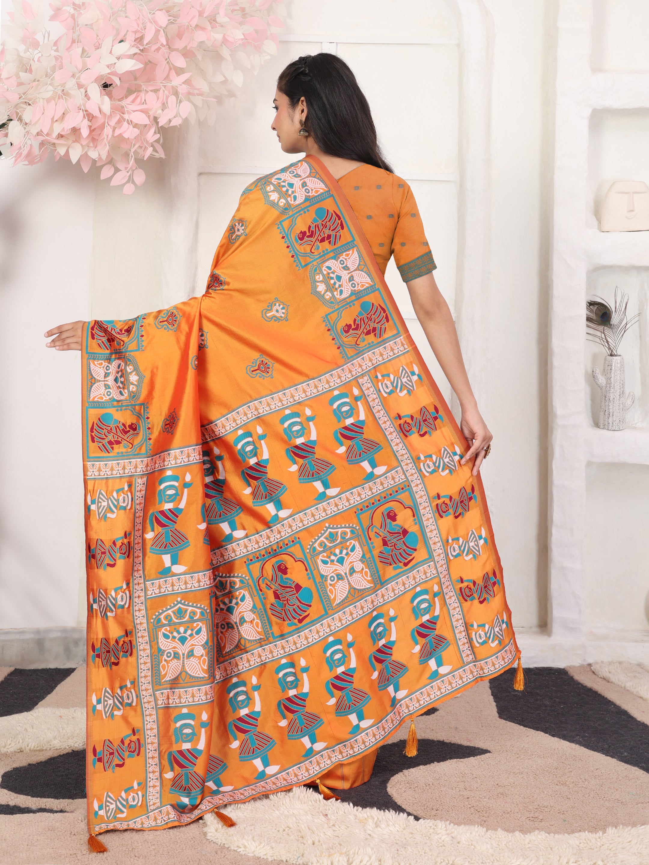 Nritya Katha Orange Silk Ready To Wear Pocket Saree