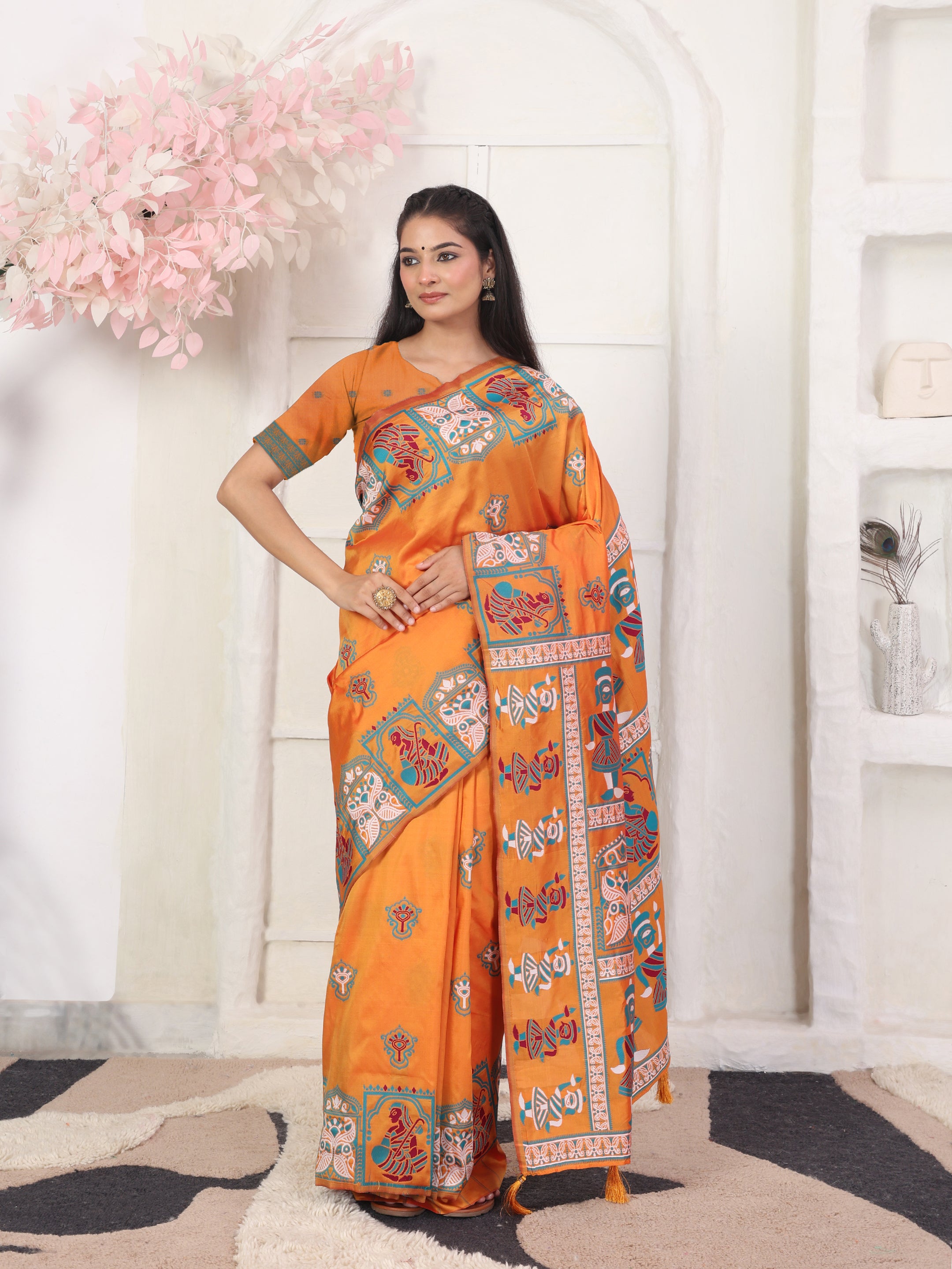 Nritya Katha Orange Silk Ready To Wear Pocket Saree