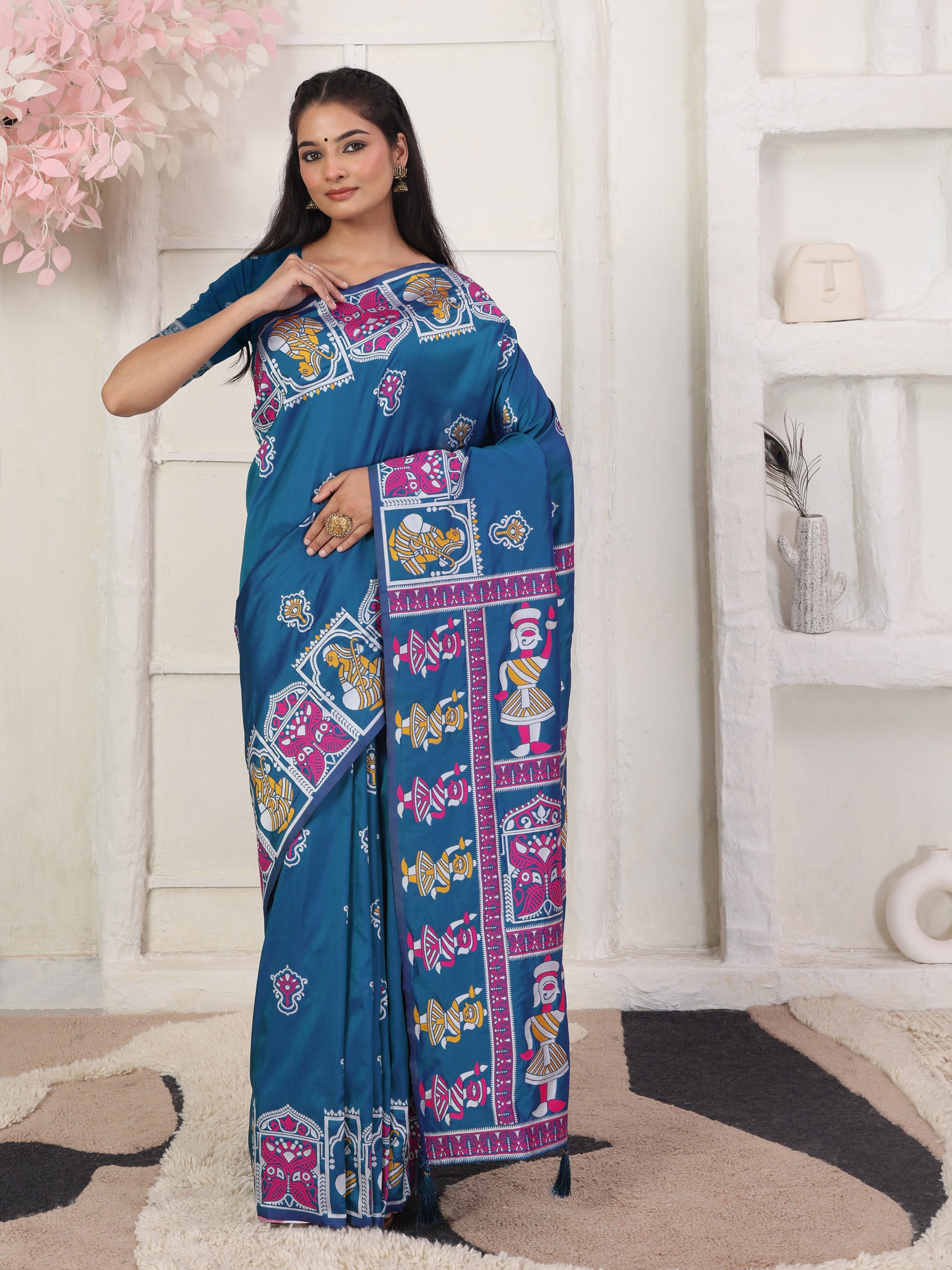 Nritya Katha Teal Blue Silk Ready To Wear Pocket Saree