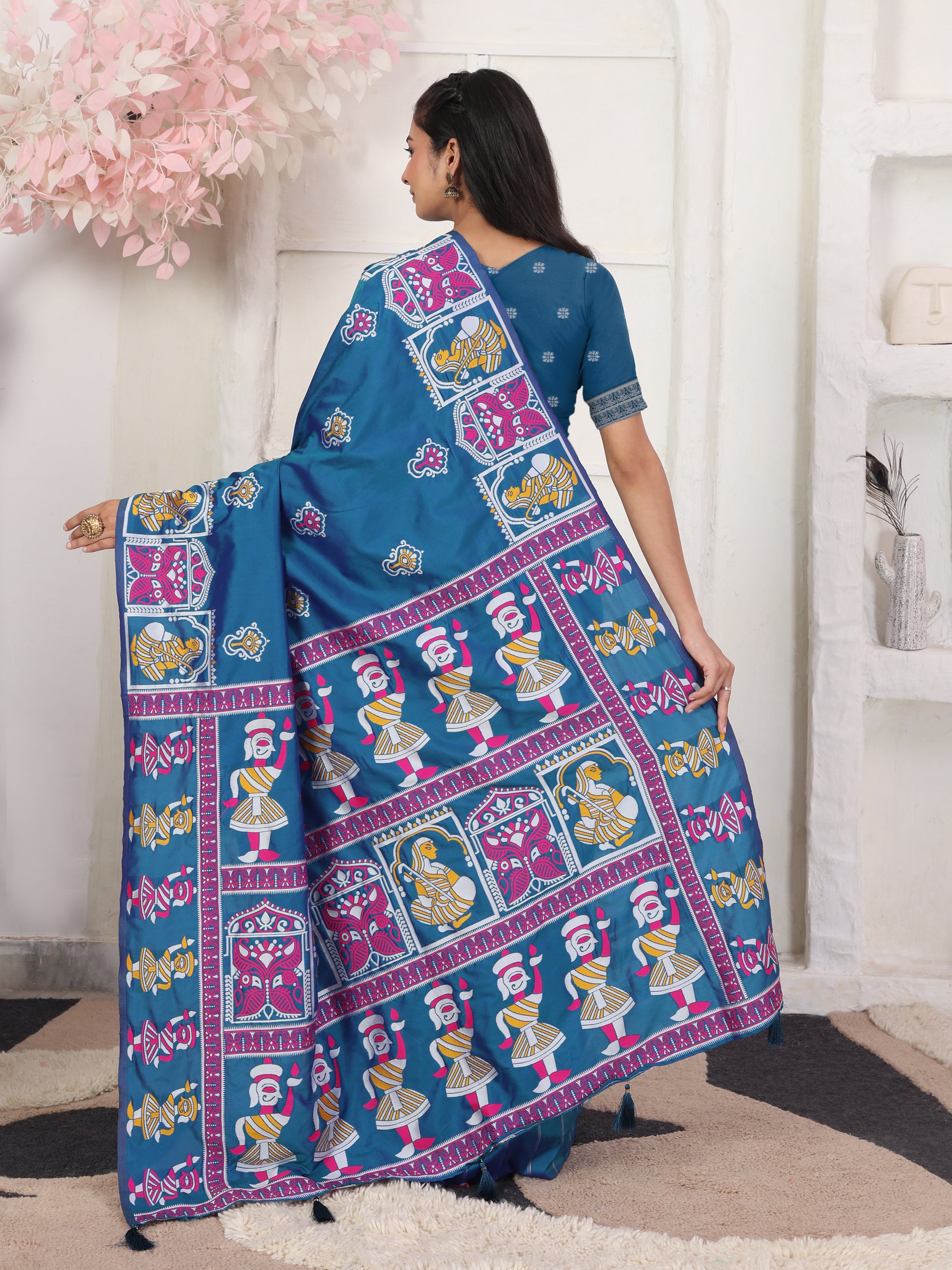 Nritya Katha Teal Blue Silk Ready To Wear Pocket Saree