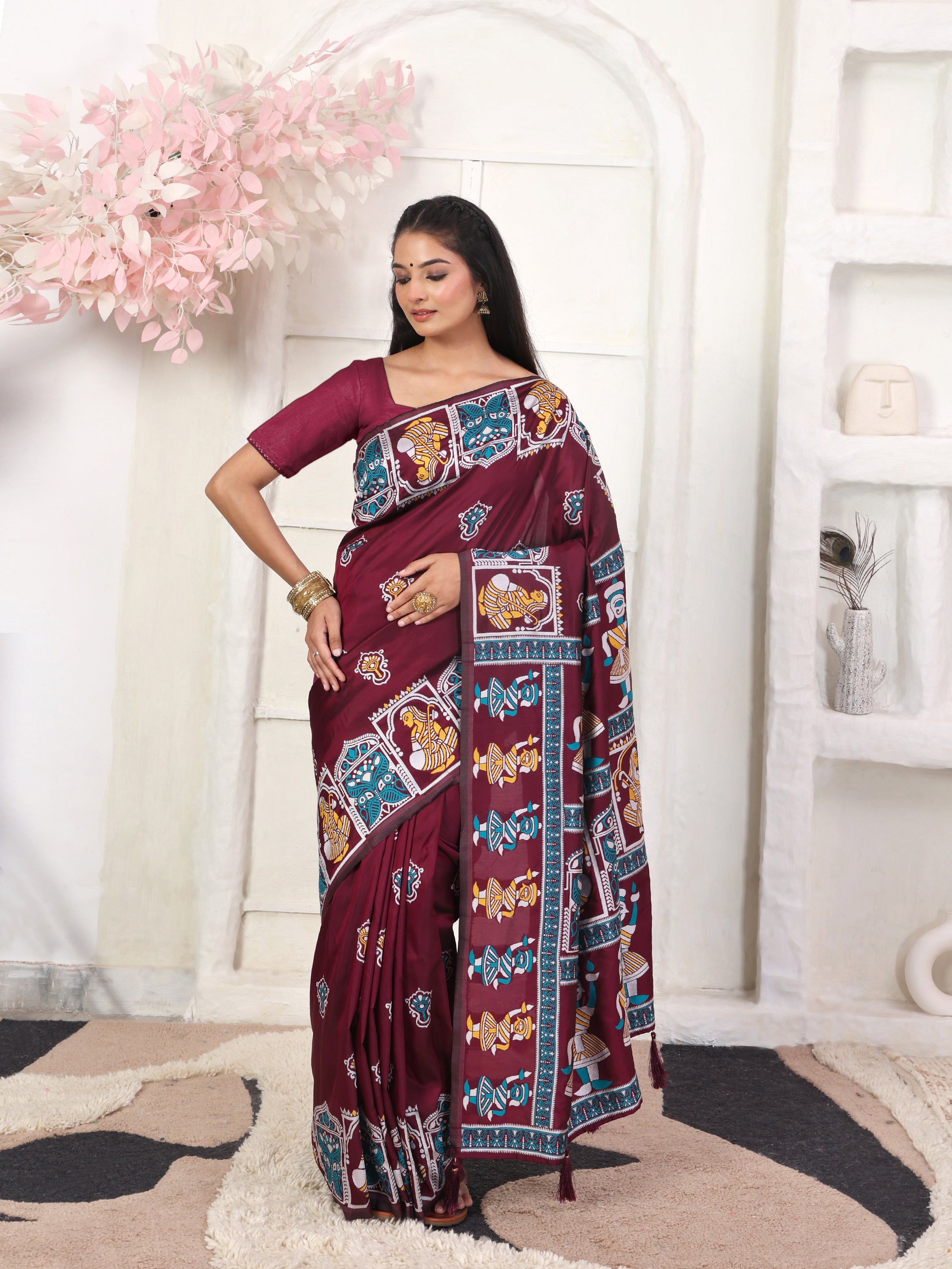 Nritya Katha Wine Silk Ready To Wear Pocket Saree