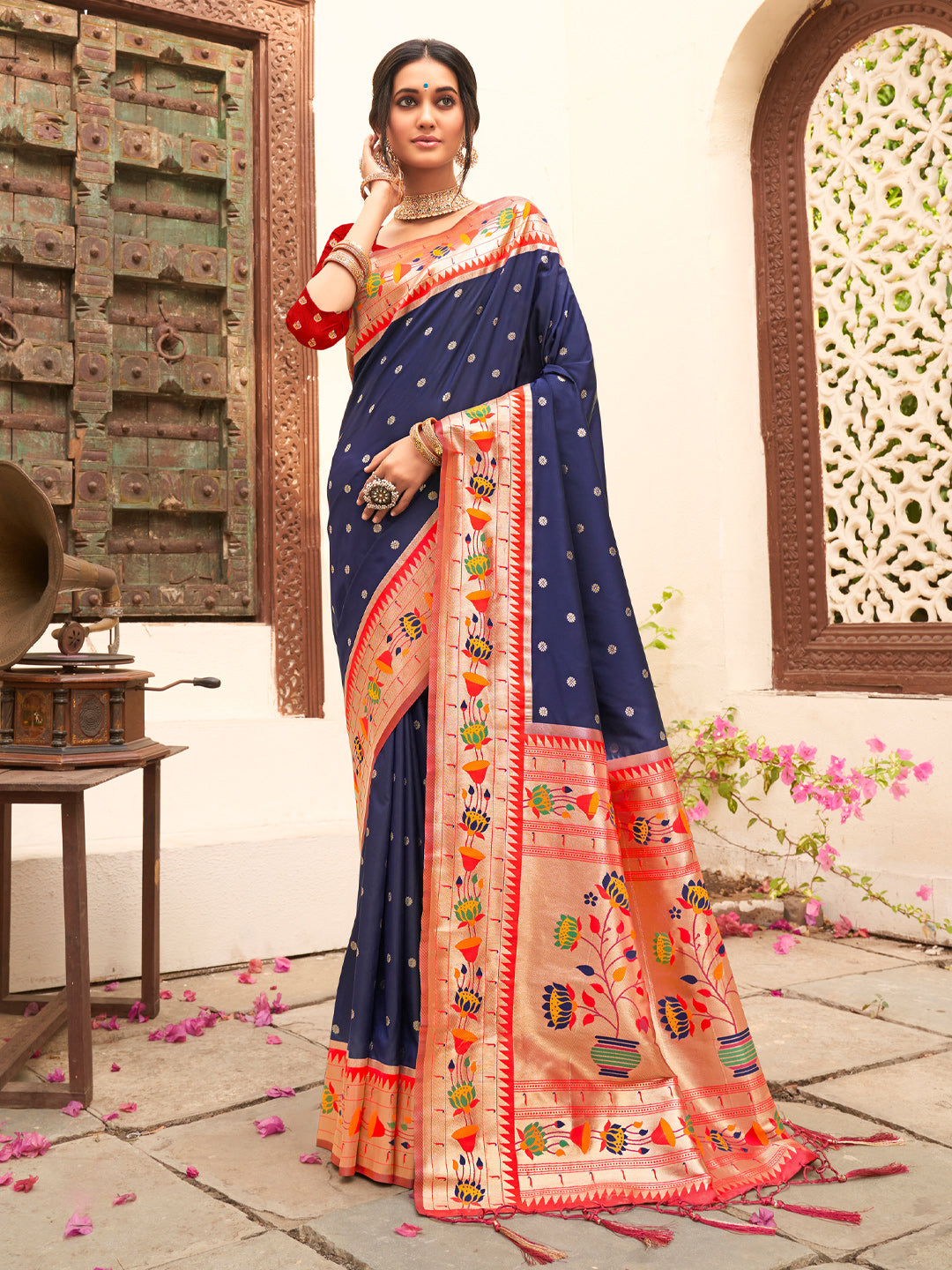Blooming Aura Banarasi Silk (Navy Blue) Ready To Wear Pocket Saree