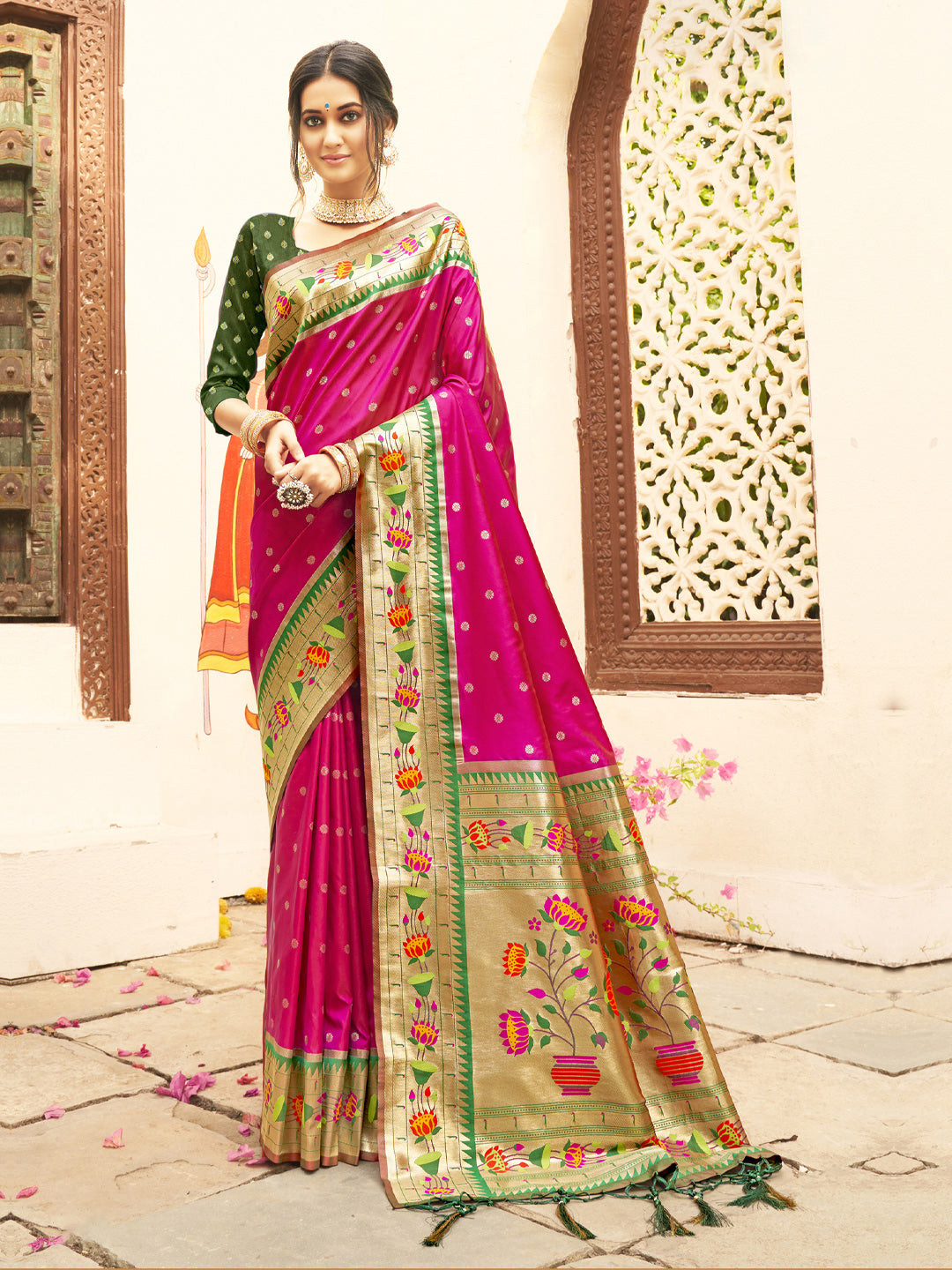 Blooming Aura Banarasi Silk (Pink Magenta) Ready To Wear Pocket saree