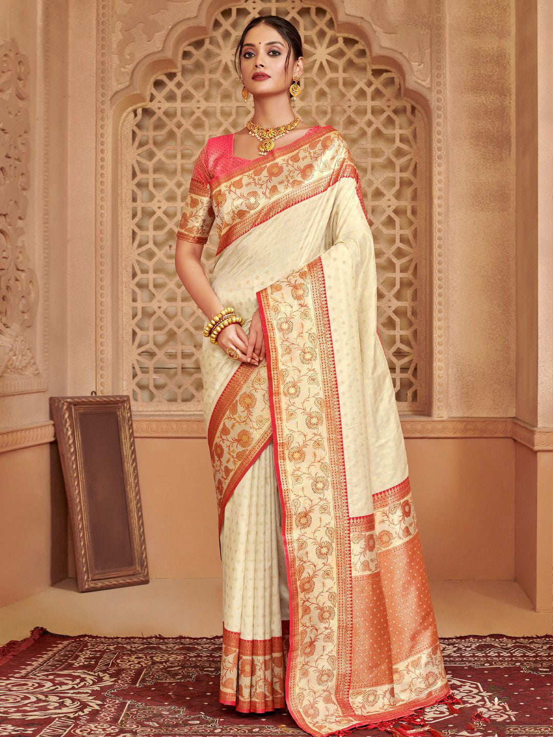 Utsav Glow Off White Ready To Wear Pocket Saree