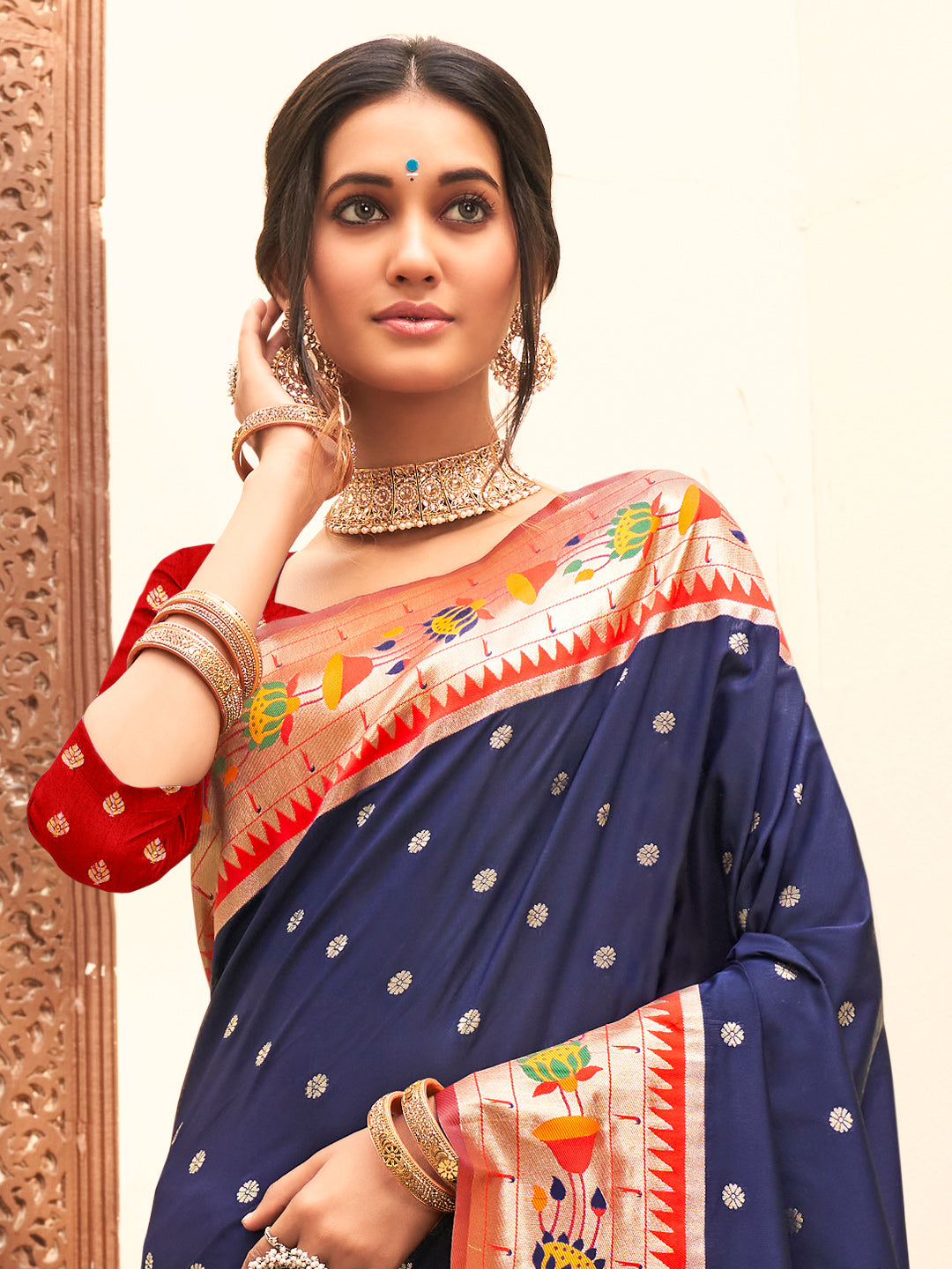 Blooming Aura Banarasi Silk (Navy Blue) Ready To Wear Pocket Saree