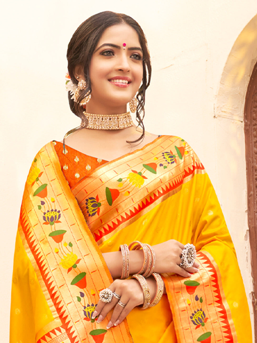 Blooming Aura Banarasi Silk (Yellow) Ready To Wear Pocket Saree