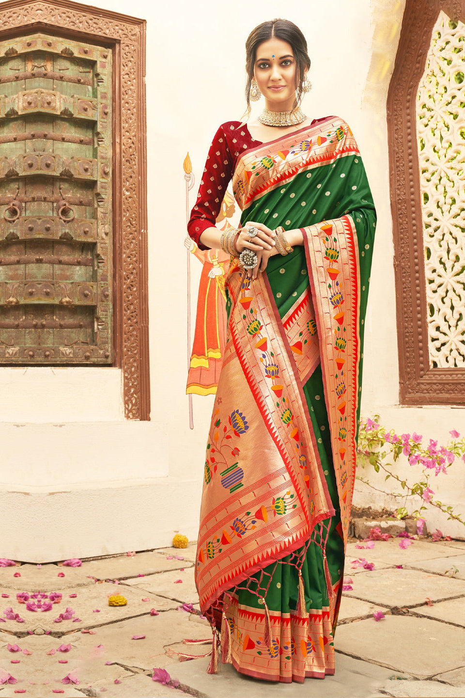 Blooming Aura Banarasi Silk (Green) Ready To Wear Pocket Saree