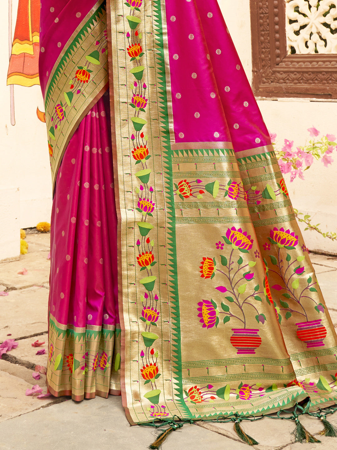 Blooming Aura Banarasi Silk (Pink Magenta) Ready To Wear Pocket saree