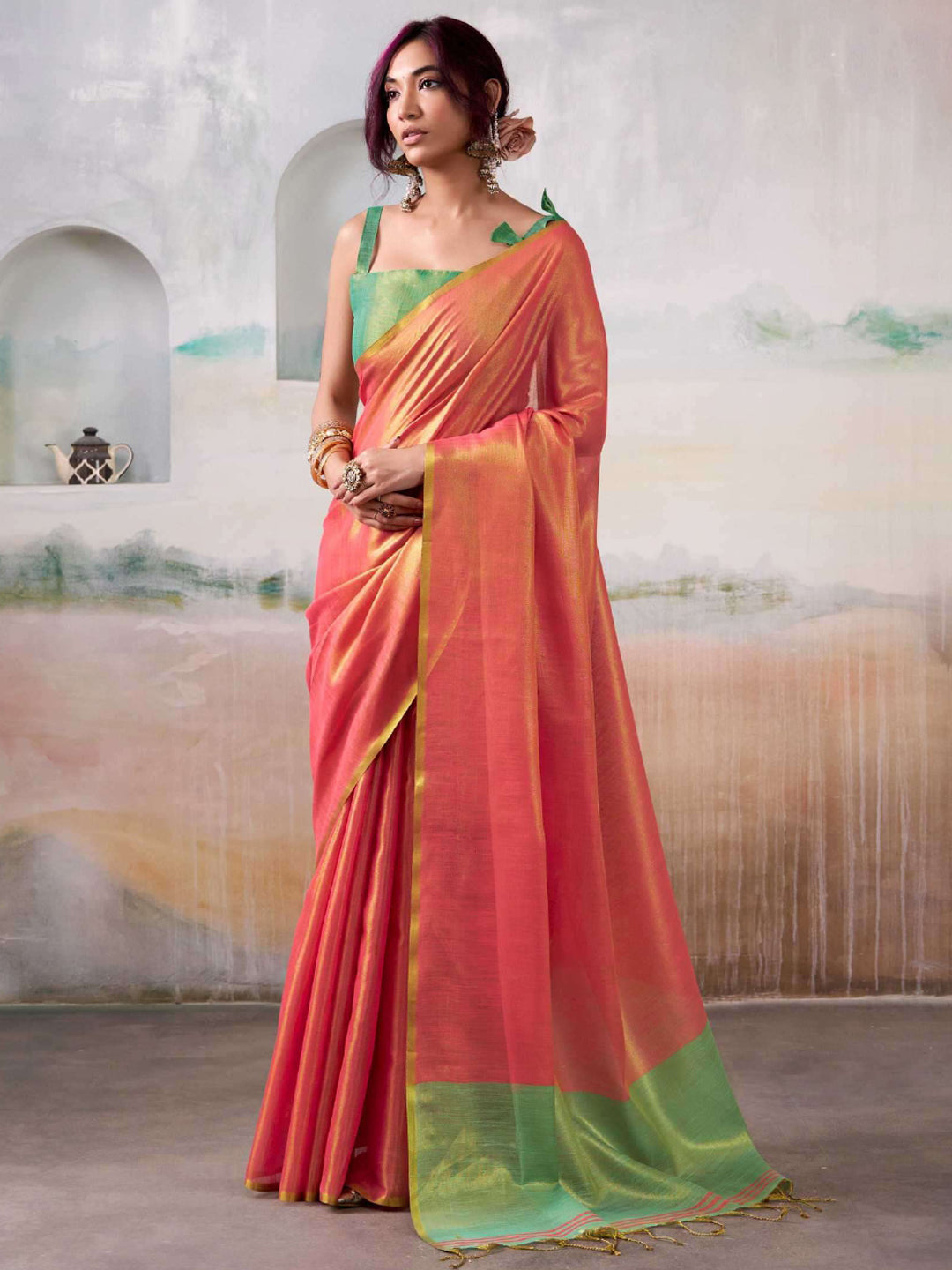 Luminous Glow Tissue Silk (E) Ready To Wear Pocket Saree