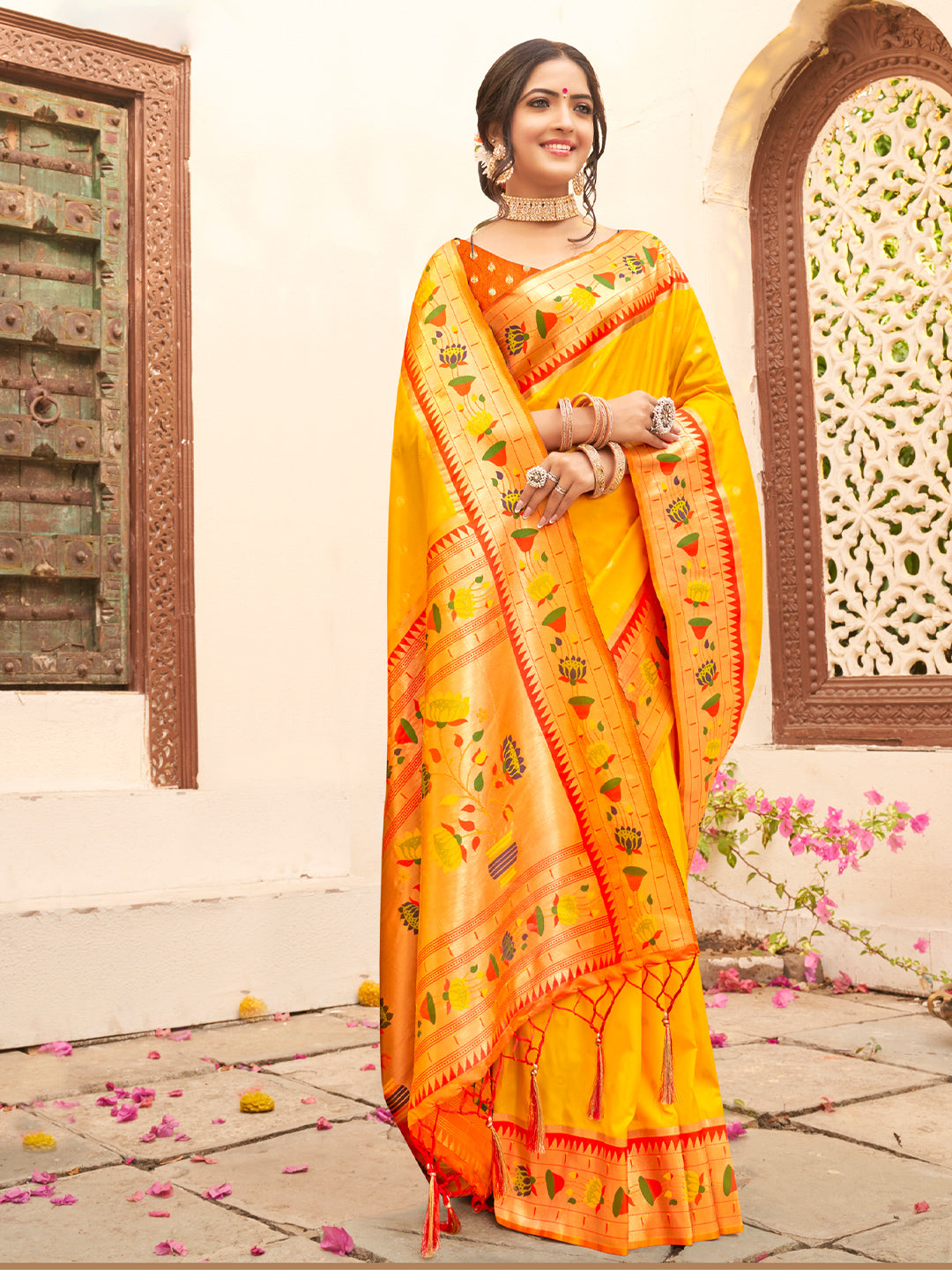 Blooming Aura Banarasi Silk (Yellow) Ready To Wear Pocket Saree