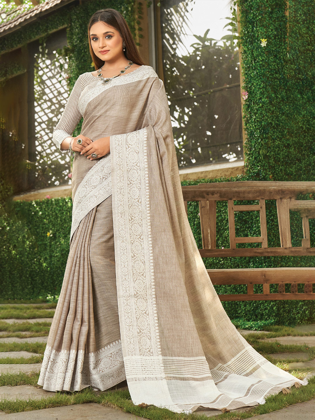 Linen Breeze (Light Brown) Ready To Wear Pocket Saree
