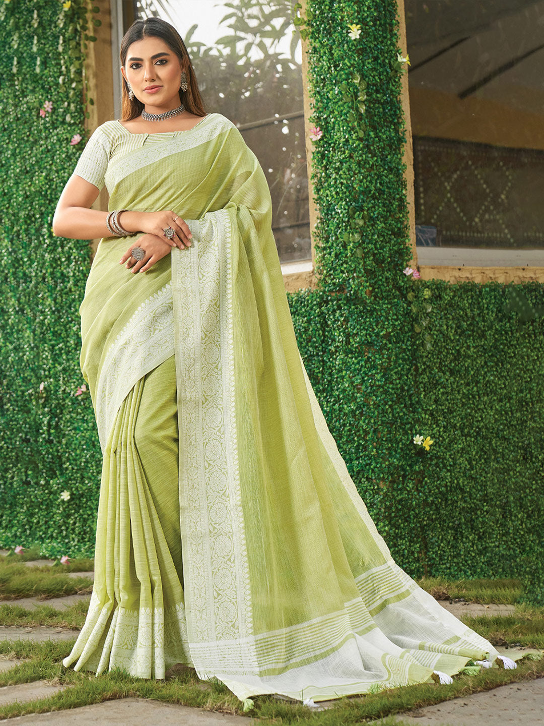 Linen Breeze (Lime Green) Ready To Wear Pocket Saree