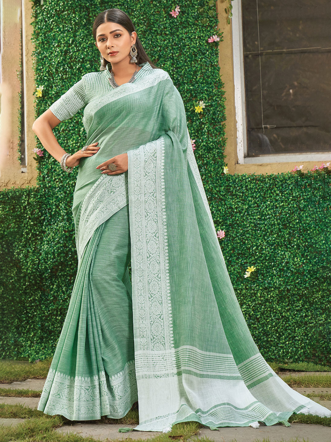 Linen Breeze (Green) Ready To Wear Pocket Saree