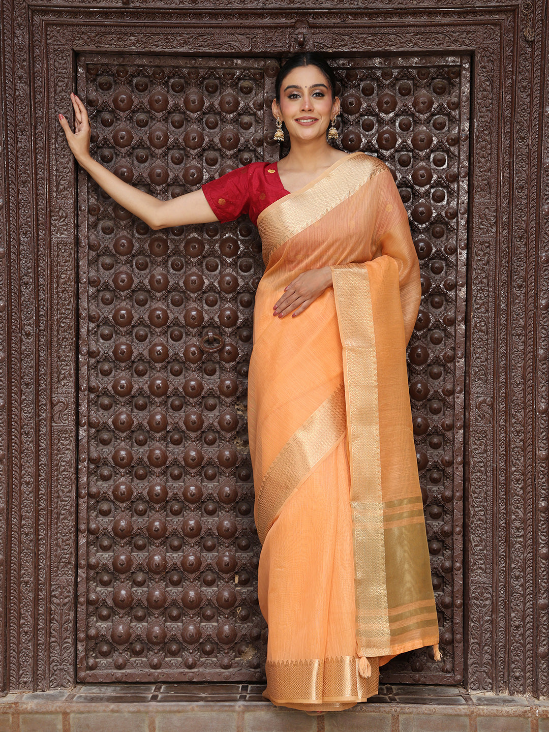 Orange Cotton Silk Ready To Wear Pocket Saree