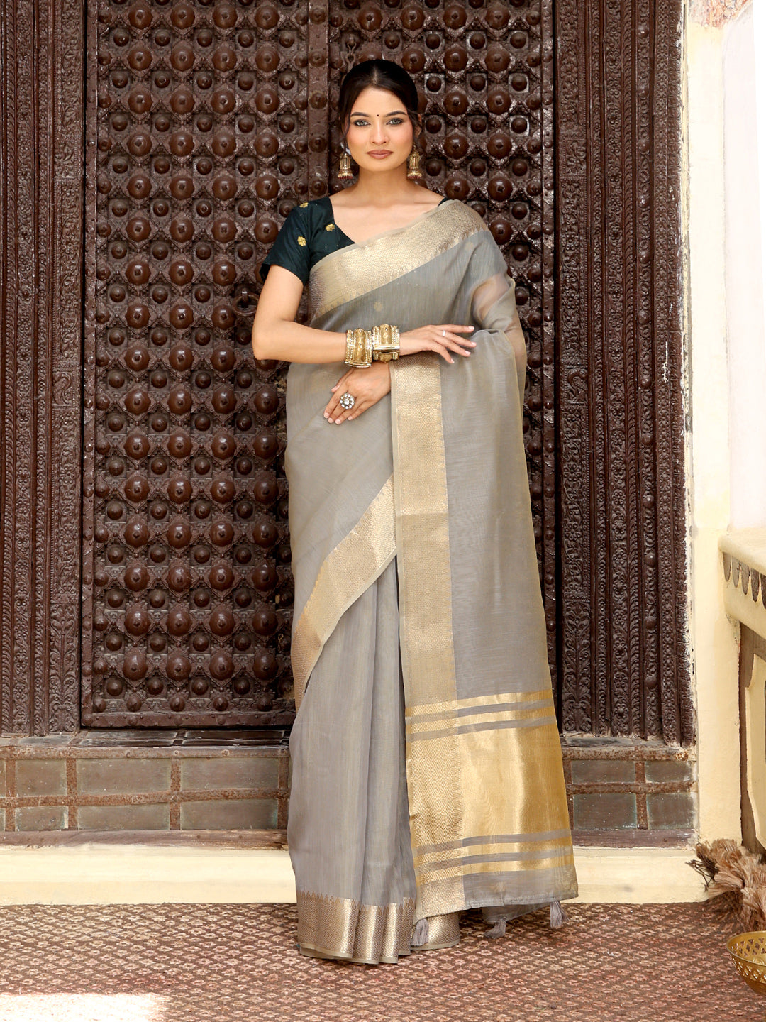 Grey Silk Cotton Ready To Wear Pocket Saree