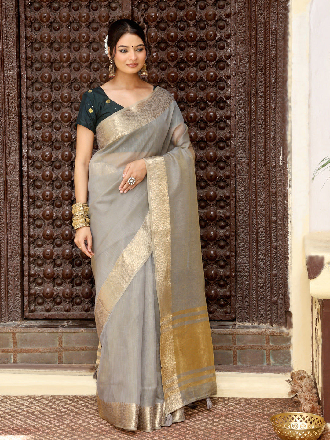 Grey Silk Cotton Ready To Wear Pocket Saree