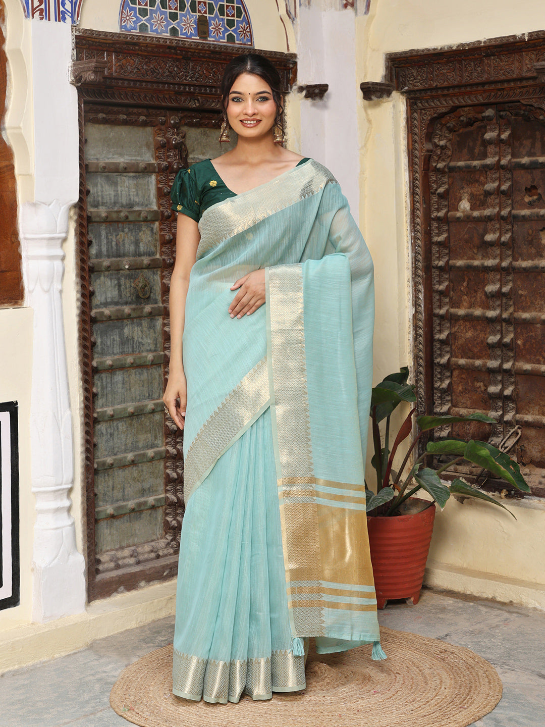 Light Blue Silk Cotton Ready To Wear Pocket Saree