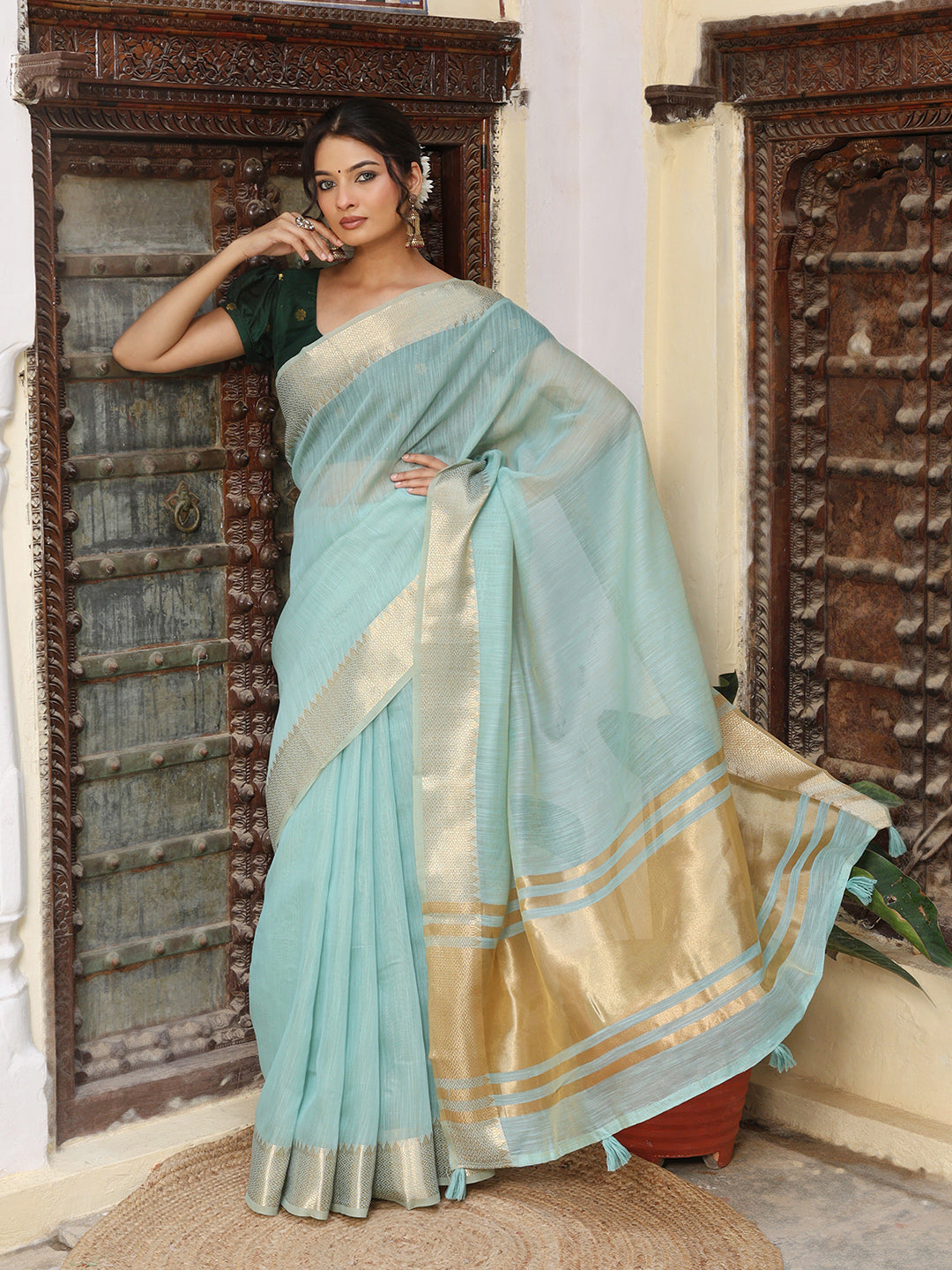 Light Blue Silk Cotton Ready To Wear Pocket Saree