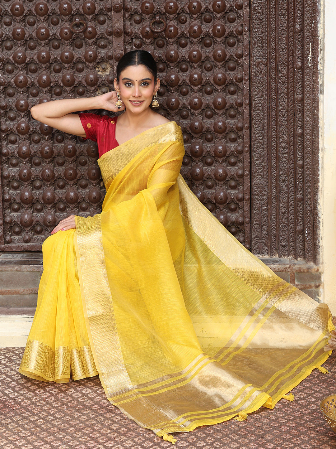 Yellow Cotton Silk Ready To Wear Pocket Saree