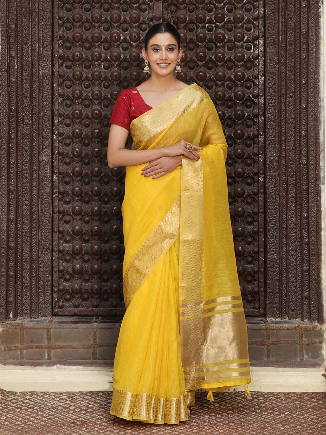 Yellow Cotton Silk Ready To Wear Pocket Saree