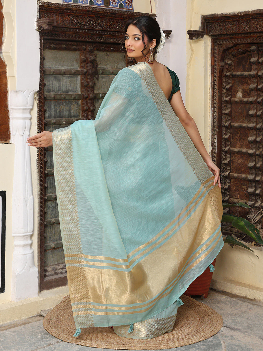 Light Blue Silk Cotton Ready To Wear Pocket Saree