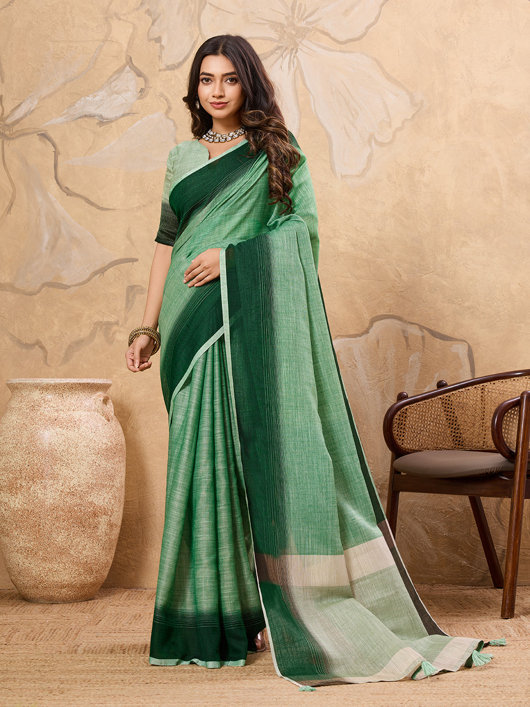 Subtle Charm Linen (Pista Green) Ready To Wear Pocket Saree