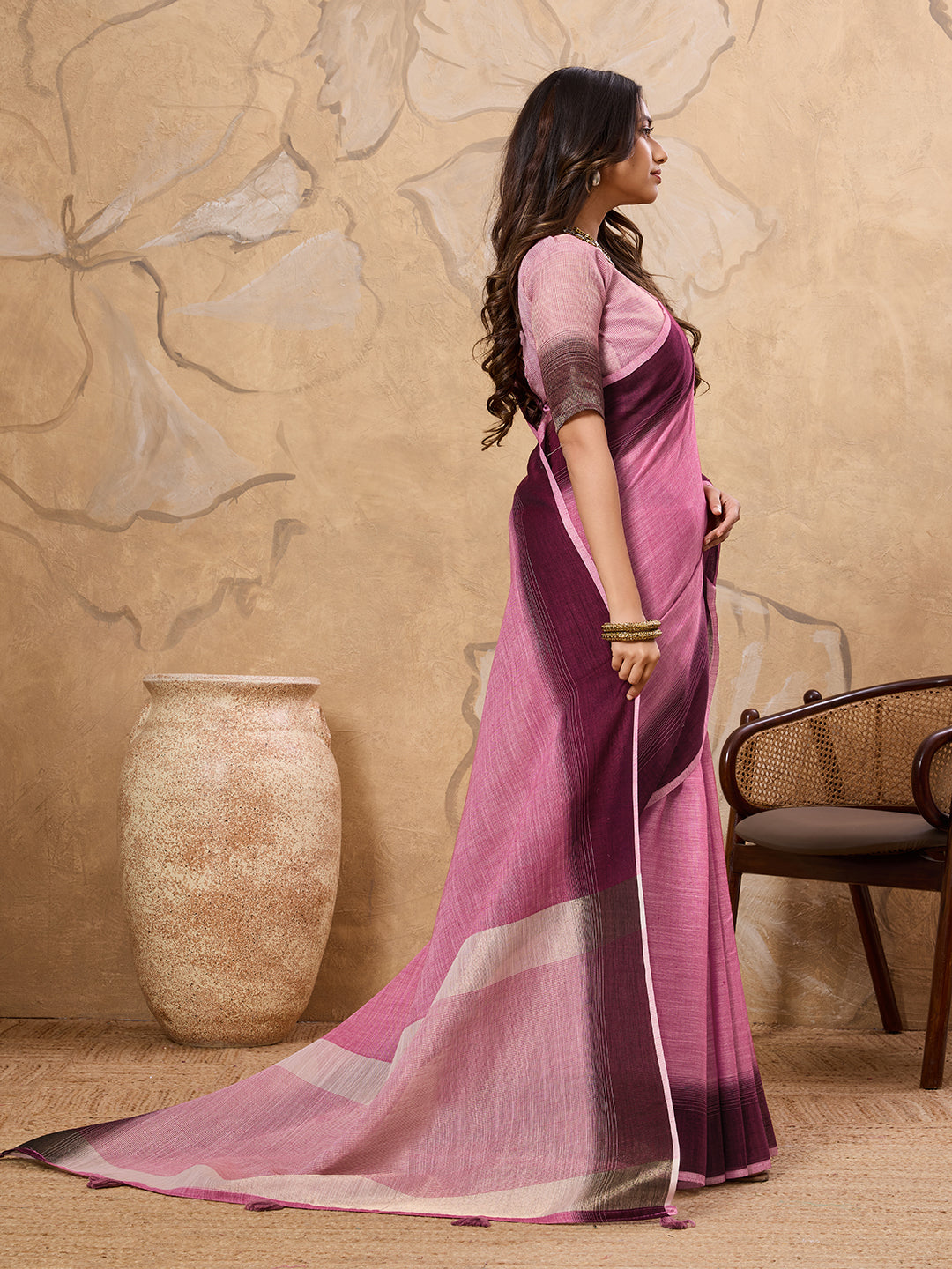 Subtle Charm Linen (Rani Pink) Ready To Wear Pocket Saree