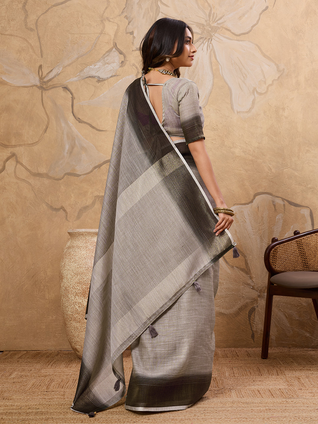 Subtle Charm Linen (Charcoal Grey) Ready To Wear Pocket Saree
