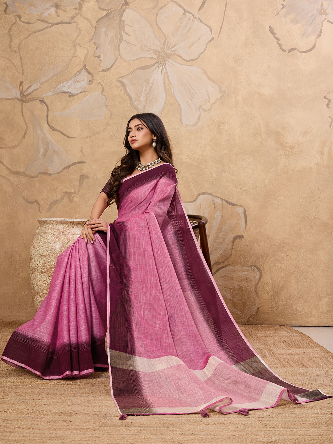 Subtle Charm Linen (Rani Pink) Ready To Wear Pocket Saree