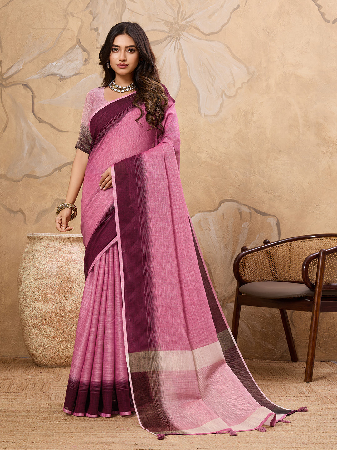 Subtle Charm Linen (Rani Pink) Ready To Wear Pocket Saree