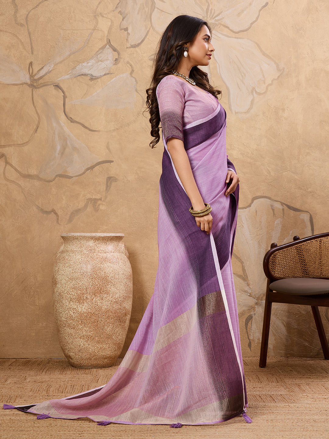 Subtle Charm Linen (Purple) Ready To Wear Pocket Saree