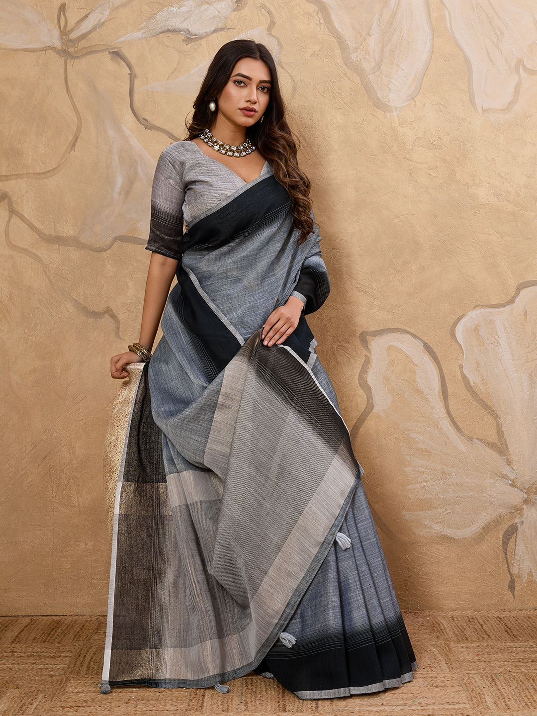 Subtle Charm Linen (Denim Grey) Ready To Wear Pocket Saree