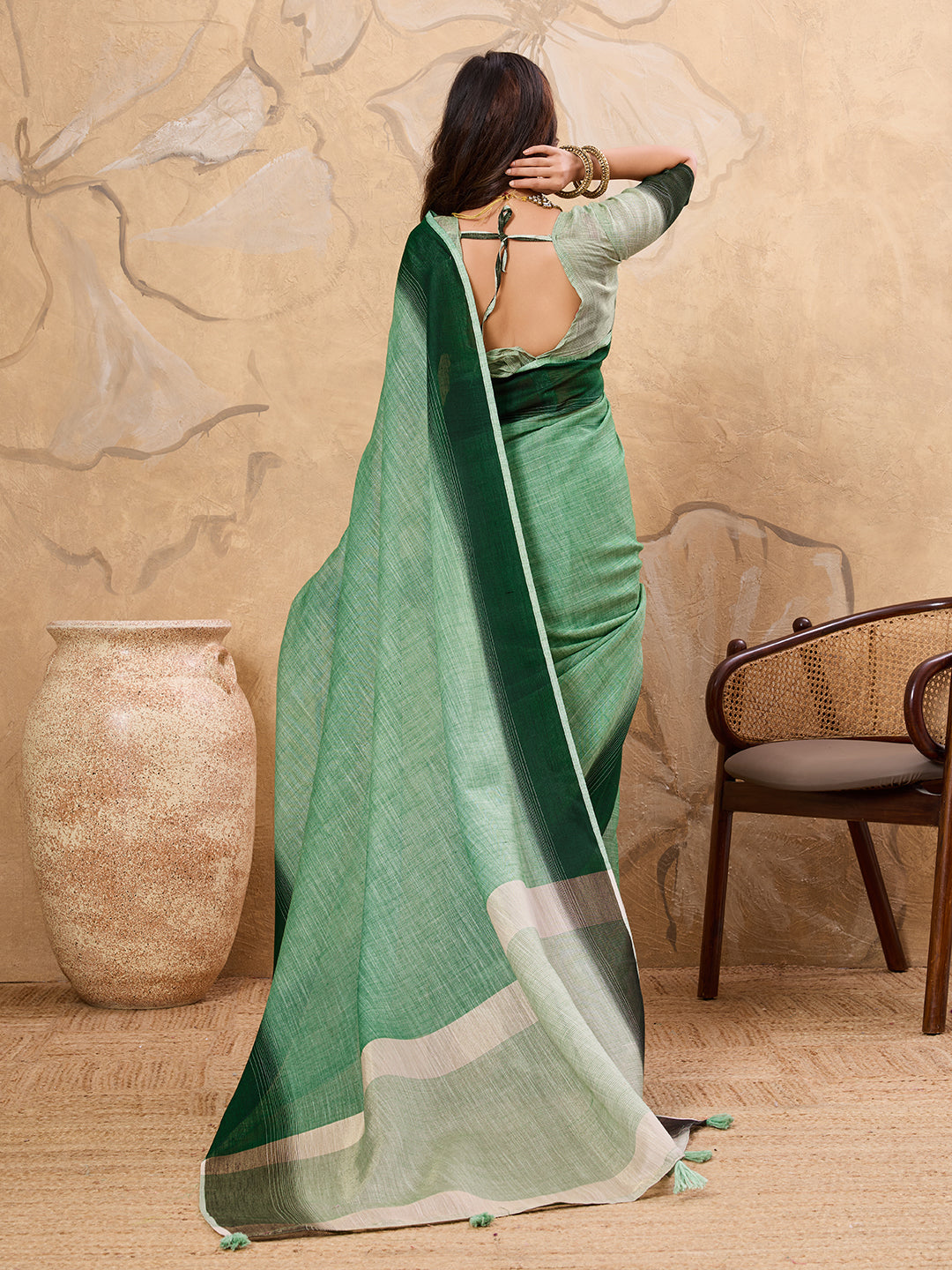 Subtle Charm Linen (Pista Green) Ready To Wear Pocket Saree