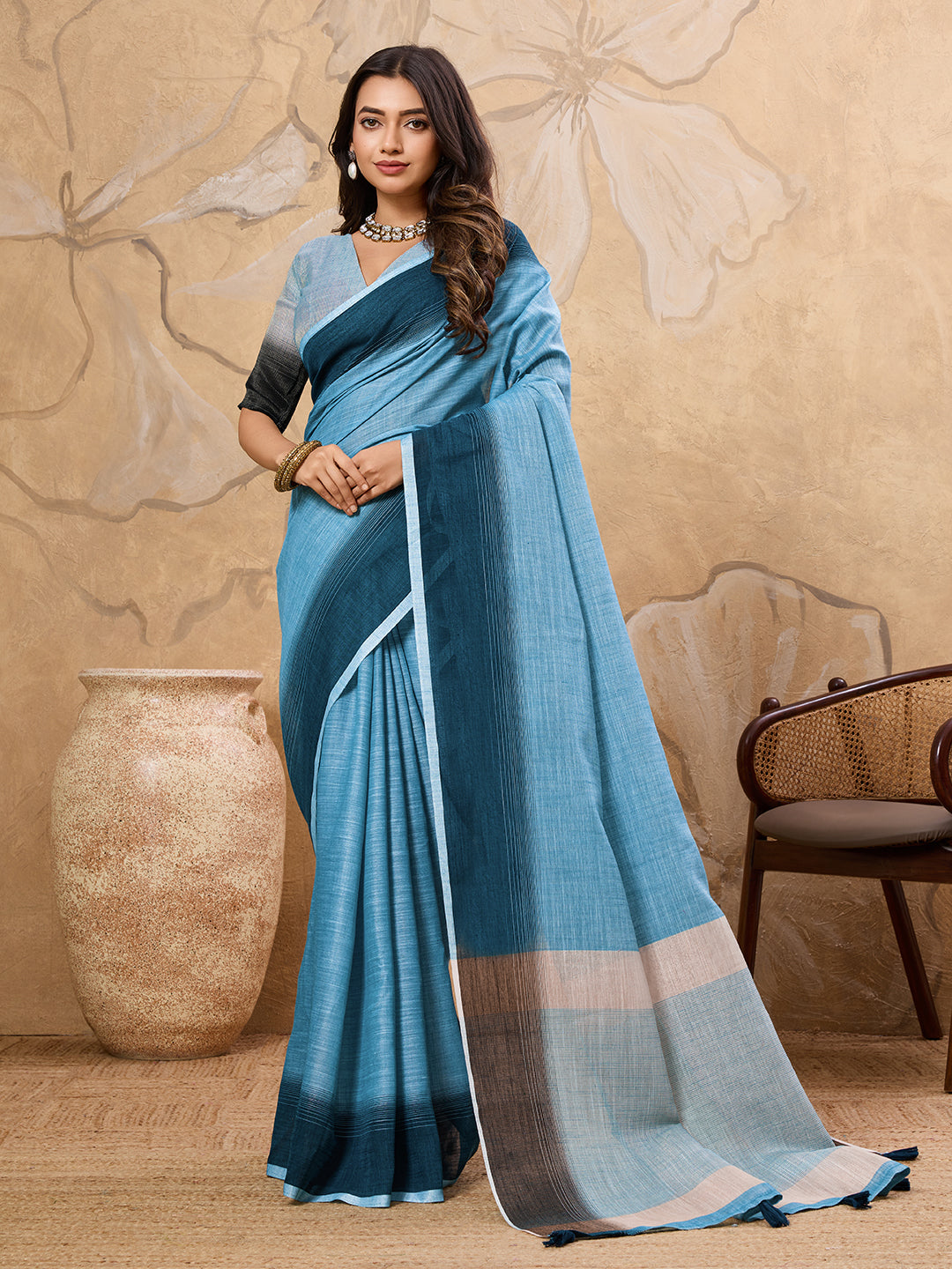 Subtle Charm Linen (Blue) Ready To Wear Pocket Saree