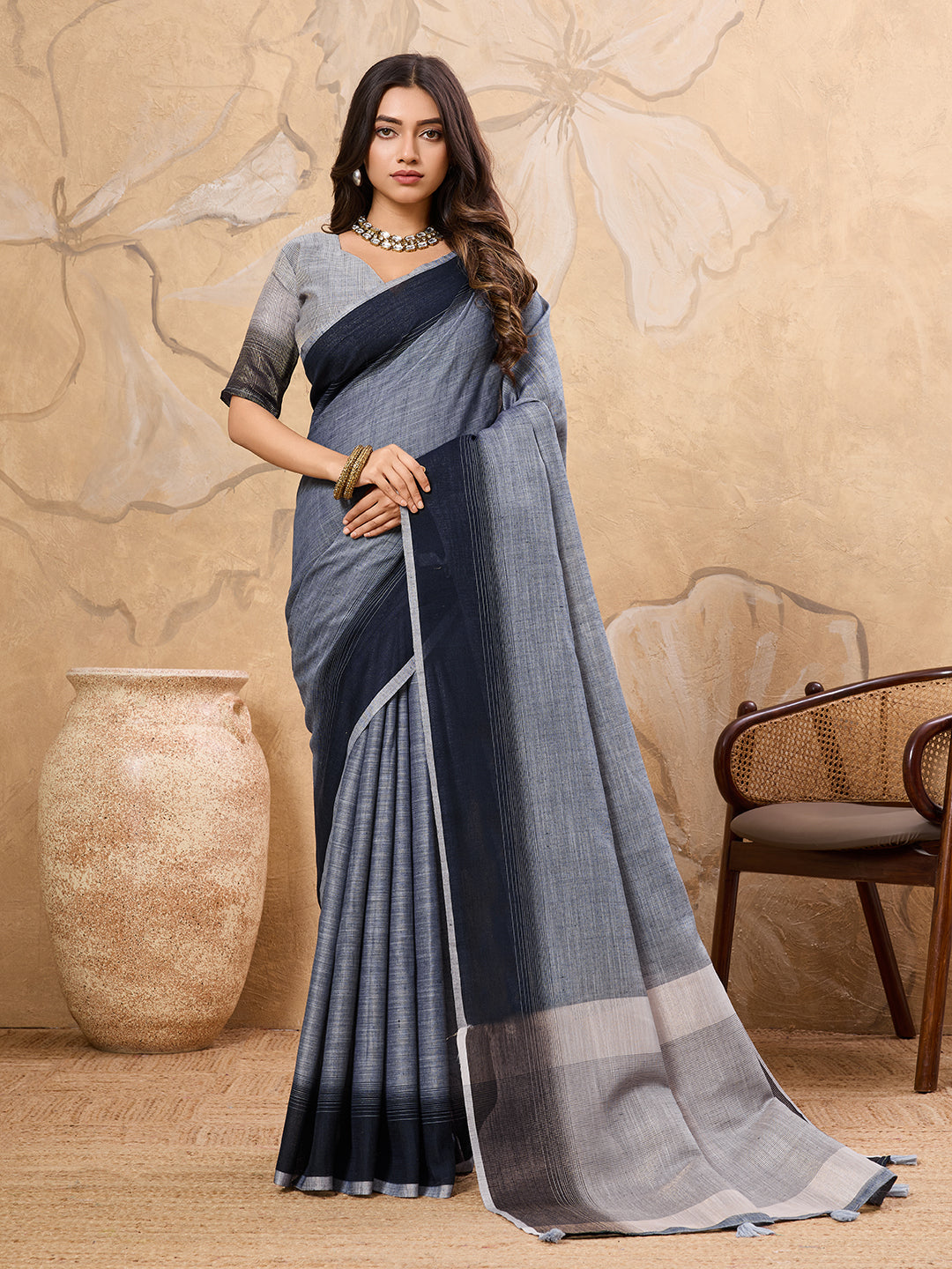 Subtle Charm Linen (Denim Grey) Ready To Wear Pocket Saree