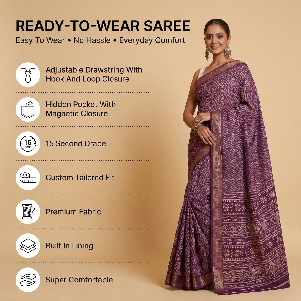 Mulmul Cotton (Purple) Bandhani Printed Ready To Wear Pocket Saree