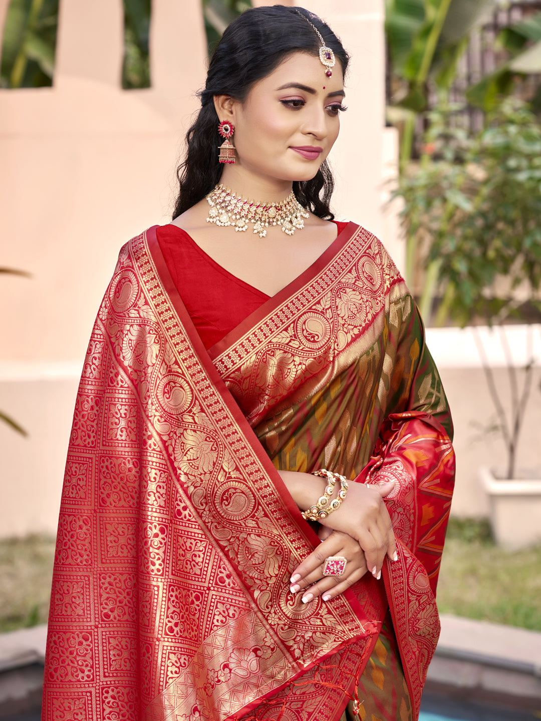 Crimson Ikat Powerloom Silk (A) Ready To Wear Pocket Saree