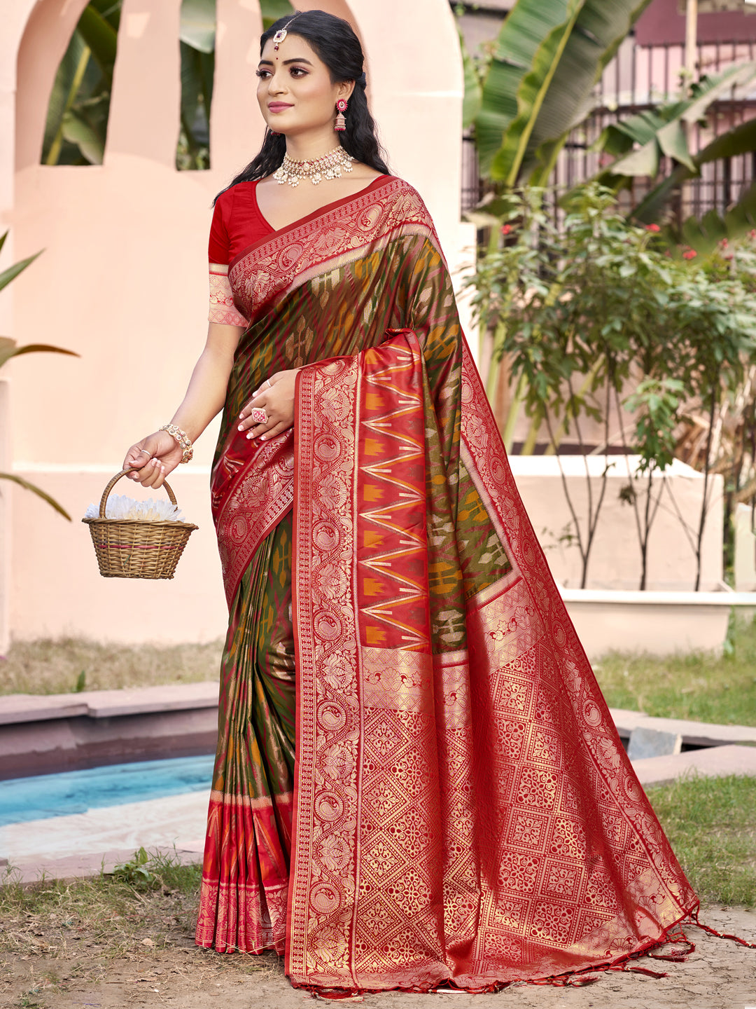 Crimson Ikat Powerloom Silk (A) Ready To Wear Pocket Saree