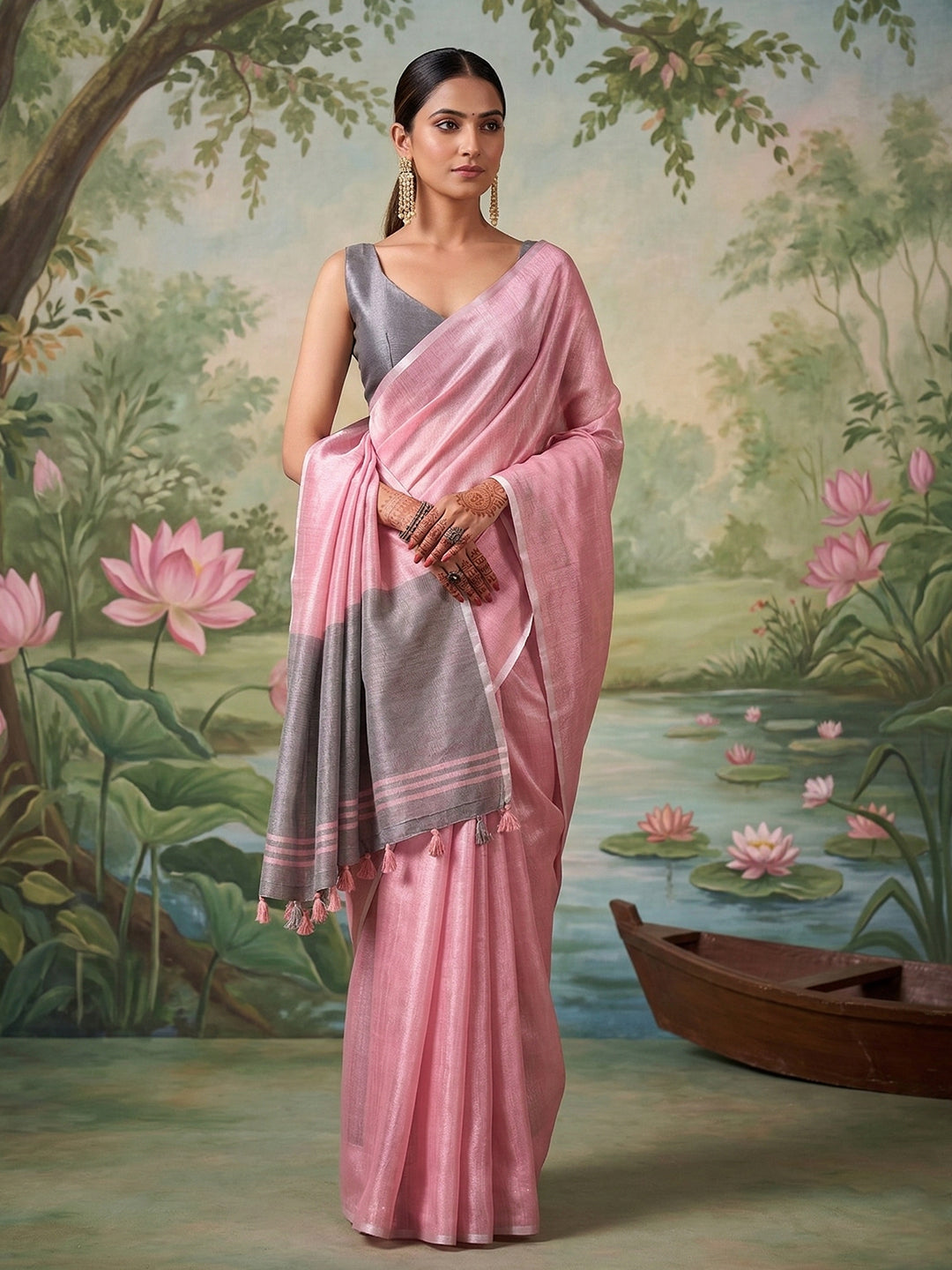 Anvika Tissue Silk Ready To Wear Pocket Saree | Pink