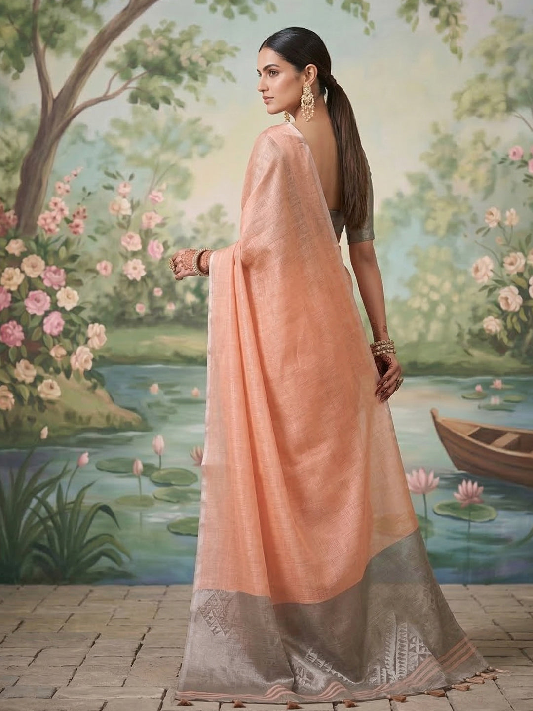 Anvika Tissue Silk Ready To Wear Pocket Saree | Peach