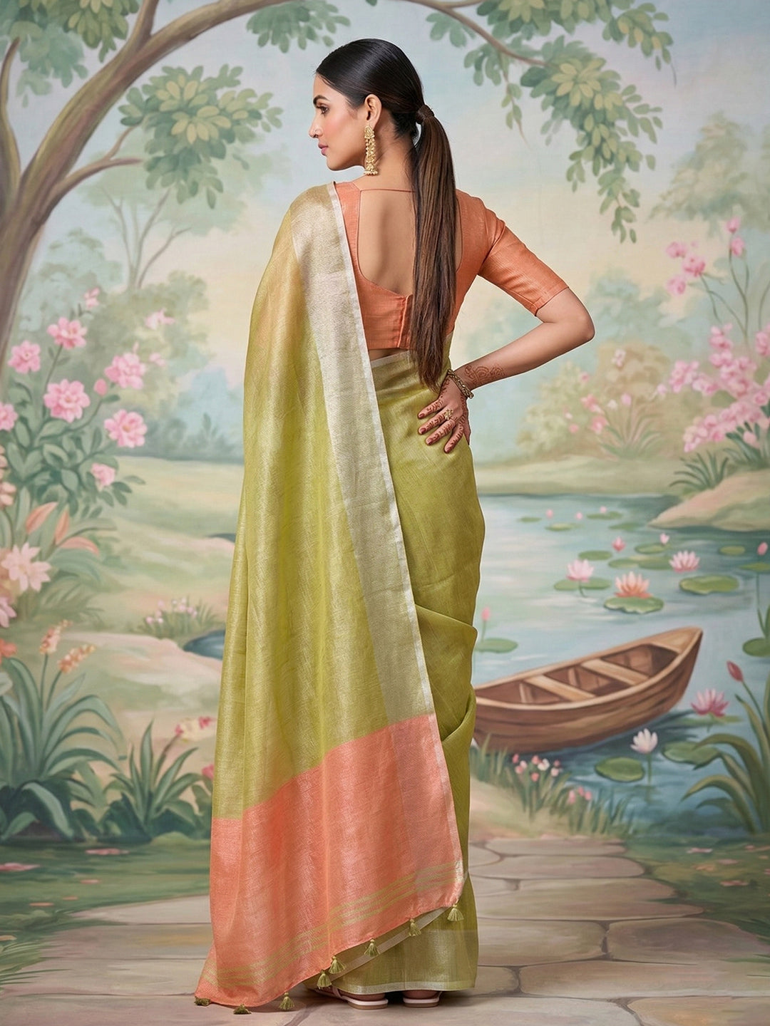 Anvika Tissue Silk Ready To Wear Pocket Saree | Green