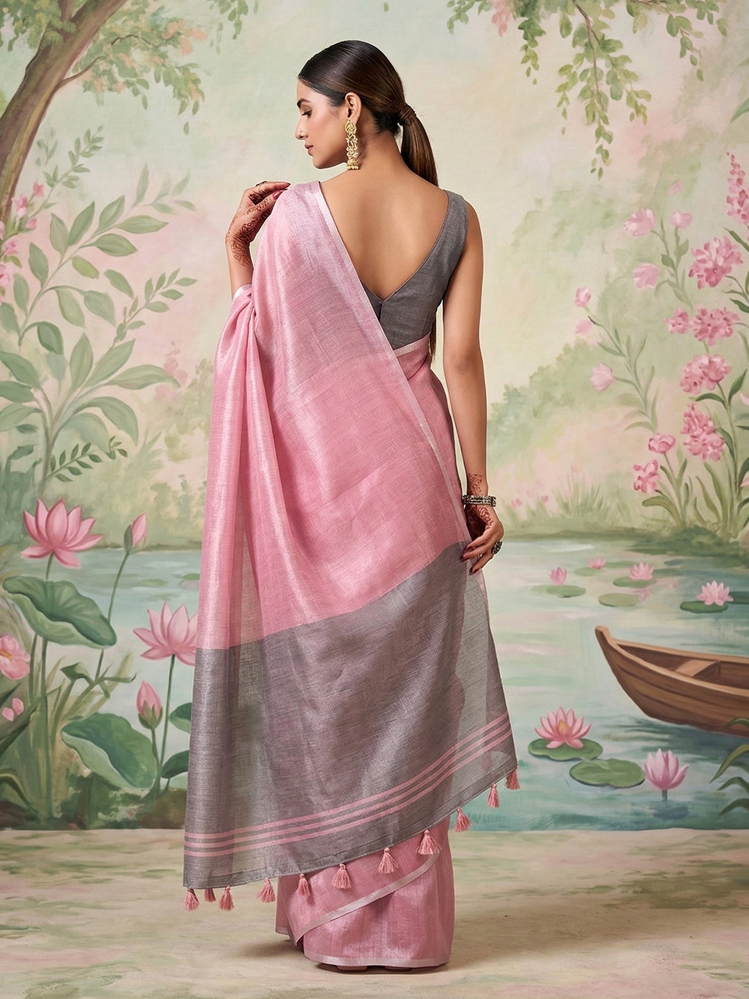 Anvika Tissue Silk Ready To Wear Pocket Saree | Pink