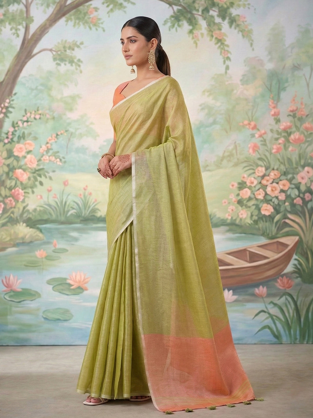 Anvika Tissue Silk Ready To Wear Pocket Saree | Green