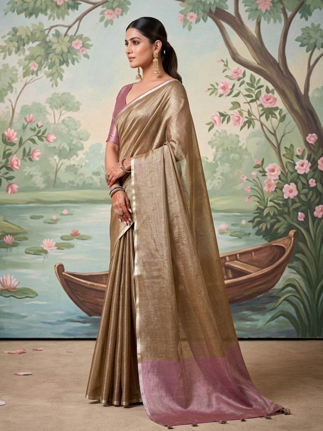 Anvika Tissue Silk Ready To Wear Pocket saree | Brown
