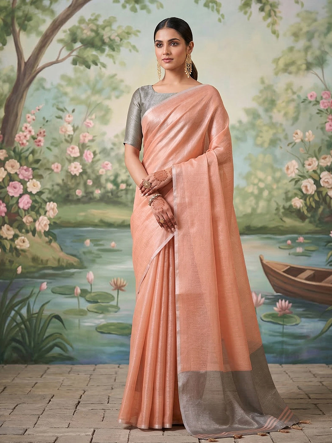 Anvika Tissue Silk Ready To Wear Pocket Saree | Peach