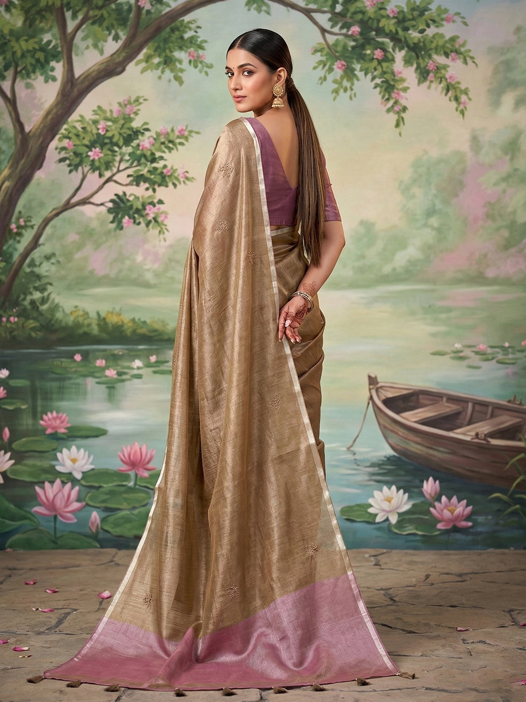 Anvika Tissue Silk Ready To Wear Pocket saree | Brown