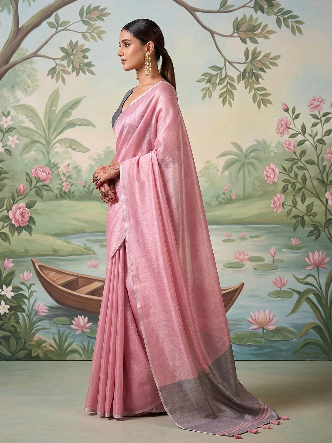 Anvika Tissue Silk Ready To Wear Pocket Saree | Pink