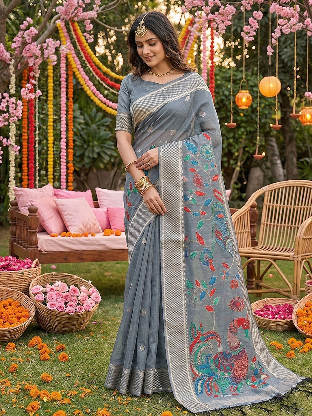 Mayurika Linen Cotton (B) Ready To Wear Pocket Saree