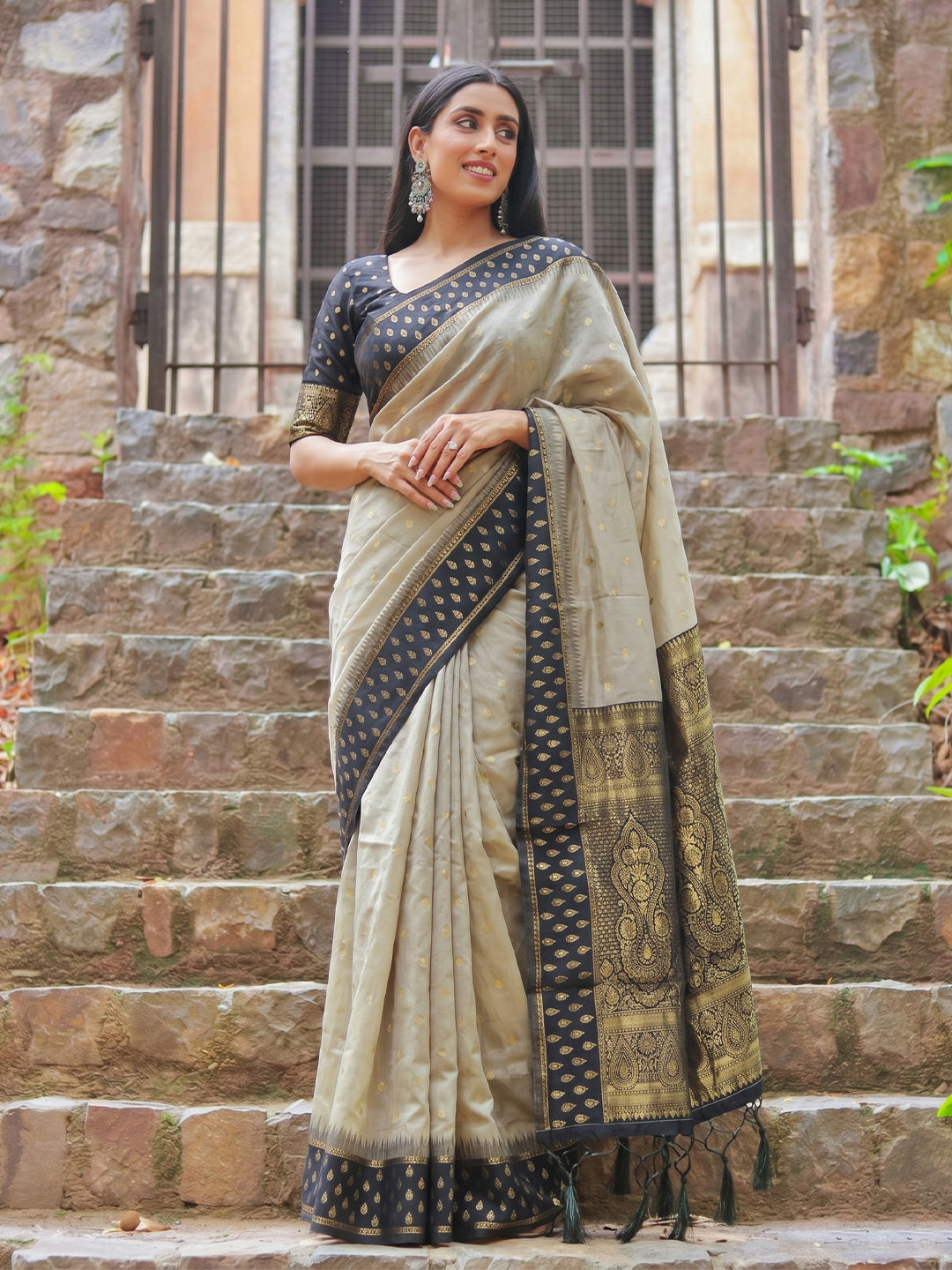 Madhvi Linen Cotton Ready To Wear Pocket Saree | Black